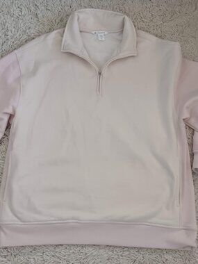 Athleta Womens Quarter Zip Pullover L Beige Pink Colorblock Fleece Sweatshirt